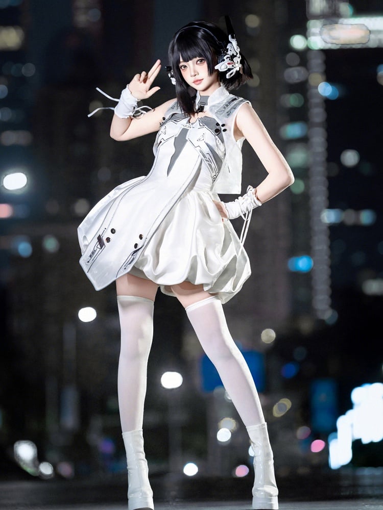 Cyberpunk White Bubble Dress and Cropped Vest Set - Xiong Dou Jiang