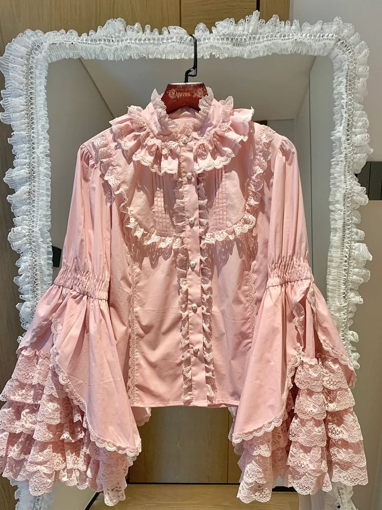 Sleeves Pink Bell Dark Lace Layered with Blouse Lolita Trims