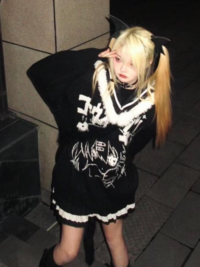 and Cartoon Detachable Black Jira Girl Design with Sailor Kei Sweater Collar