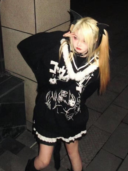 and Cartoon Detachable Black Jira Girl Design with Sailor Kei Sweater Collar
