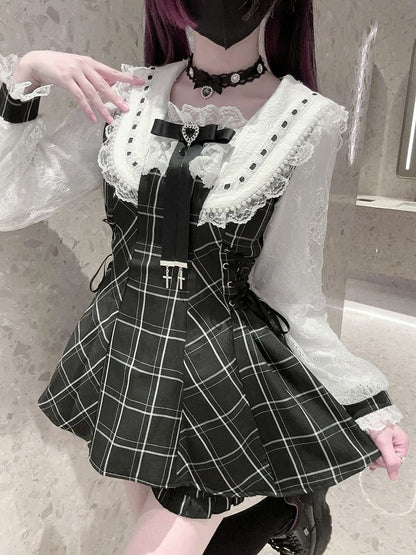 Kei Plaid Set: Matching Black Tie Jirai Shorts with Mini Dress Two-Piece Collar Beaded Waist / Side