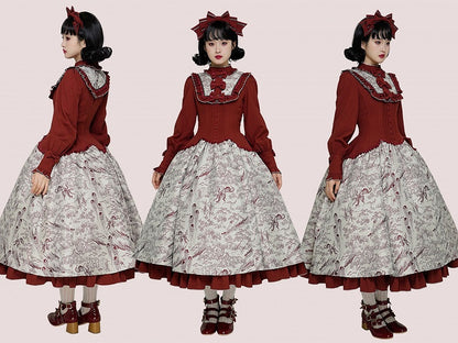 Animals Long-Sleeve Elegant White Print Lolita Forest Piece One Red