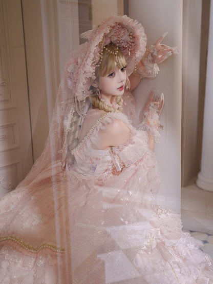 White Beads Gloves Flowers Decorated Tulle and