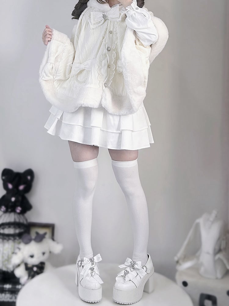 フード付きプラッシュケープデザイン ジライケイ ベージュ ウサギ耳 蝶結び 取り外し可能