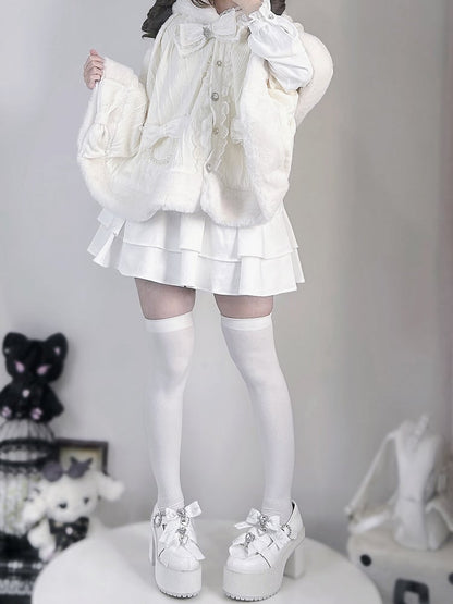 フード付きプラッシュケープデザイン ジライケイ ベージュ ウサギ耳 蝶結び 取り外し可能