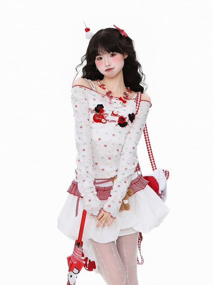 Cherry Adorable Off-Shoulder with White Print Embroidery Top Knit Semi-Sheer