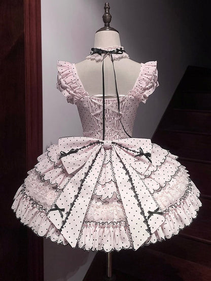 Sleeves Boned Detachable Sweet Waist Dress with Retro Polka Dots Lolita Pink Puff