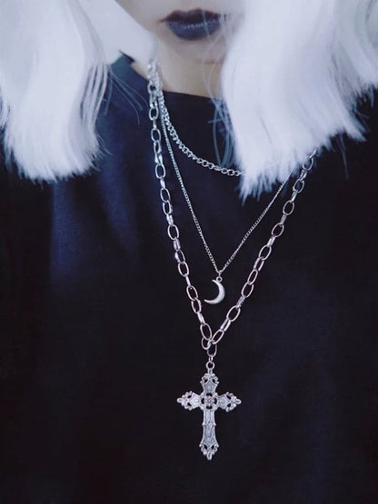 Silver Gothic Layered Necklace with Cross & Moon Charms - Strange Sugar