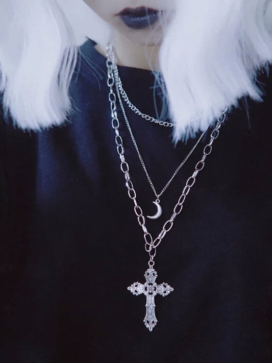 Silver Gothic Layered Necklace with Cross & Moon Charms - Strange Sugar