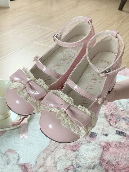 Mary Lolita Lace Leather with Heel Detail Mid - Jane PU Shoes Pink