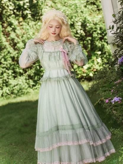 Green Illusion Neckline Blouse with Pink Lace Trim Dress & Brooch - With PUJI