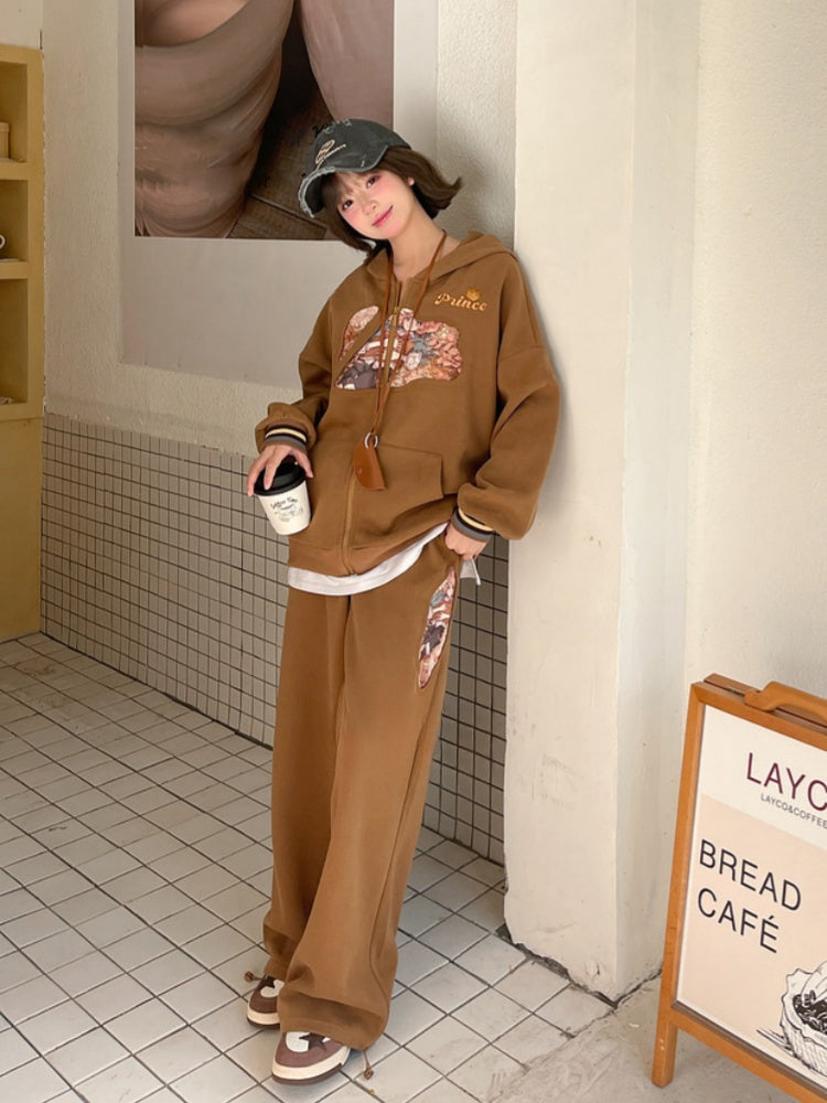 Brown Drawstring Cuffs Wide-Leg Pants Millard Fashion Prince Print Vintage