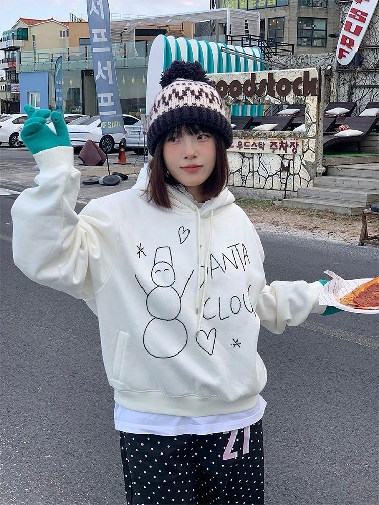 White / Snowman Hoodie Fleece-Lined with Black Bead Lace-Trimmed Hood and