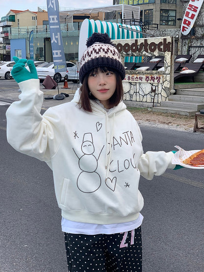 White / Snowman Hoodie Fleece-Lined with Black Bead Lace-Trimmed Hood and