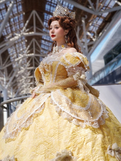 Lolita Layered Gown Lace Yellow Version and with Long Hanayome Ruffles Bow Hime Details Off-Shoulder