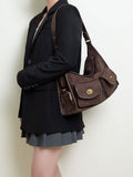 Vintage Brown Single-Shoulder Tote Bag With Gold-tone Hardware - Spacious And Elegant