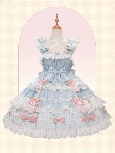 Dress with Layered JSK Sweet Lolita Blue Skirt Bow Accents