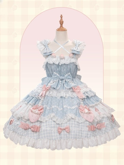 Dress with Layered JSK Sweet Lolita Blue Skirt Bow Accents