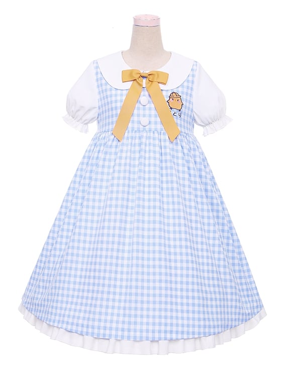 Robe bleue à carreaux et manches courtes bouffantes, col Peter Pan, motif Little Chicken