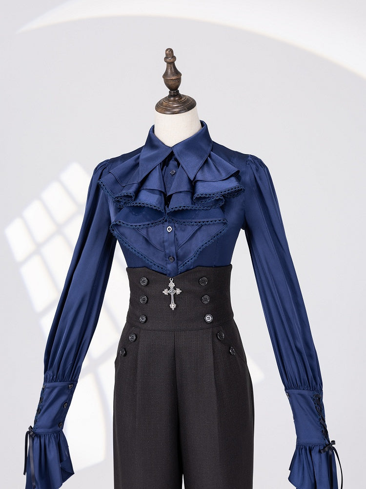 Shimmering Black High-Rise Ouji Pants with Silver Cross Buttons - DevilInspired Exclusive Collection