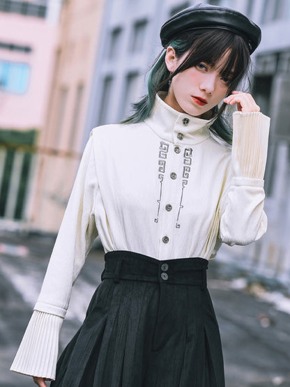 Gothic Sleeve Embroidery Cheongsam Convertible Pleated Collar Bell with White Bronze Regular/Thicken Blouse