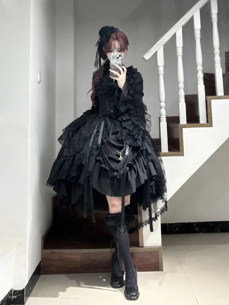 Schwarzes Lolita-Korsett mit hoher Taille und Kordelzug / Gothic-Rock mit Stäbchen