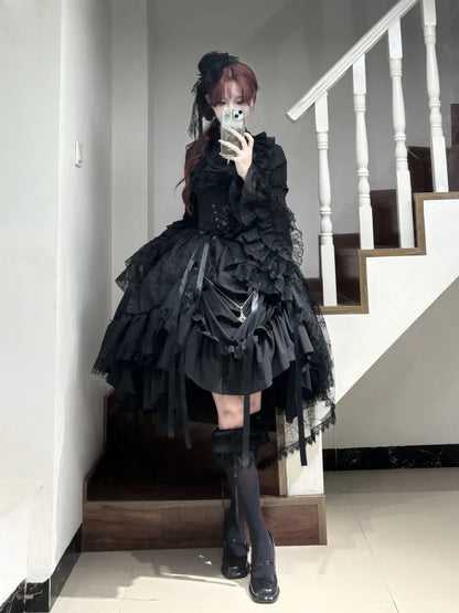 Schwarzes Lolita-Korsett mit hoher Taille und Kordelzug / Gothic-Rock mit Stäbchen