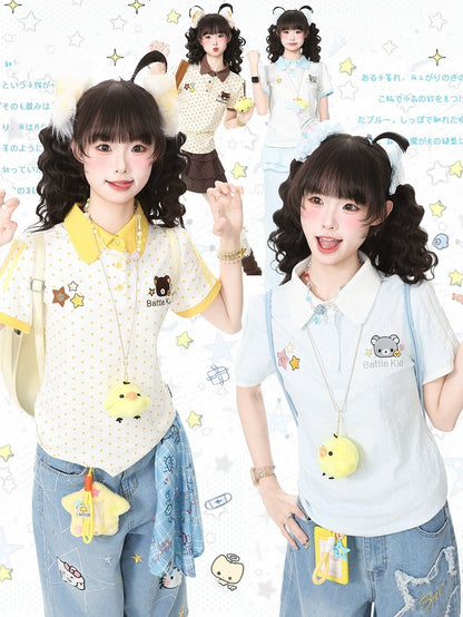 White Polka-Dot Tee with Bear Motif & Chick Charm - Languid Park