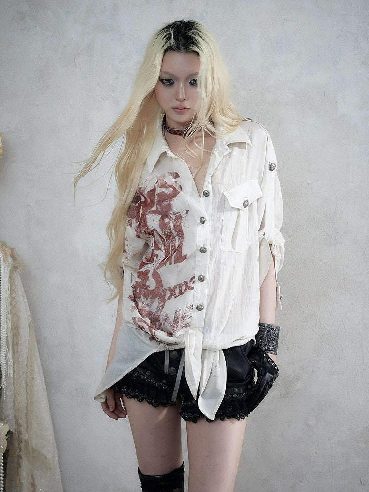 Apricot Distressed Graffiti Print Loose Long Sleeve Shirt, Punk Style - NO ROMANCE