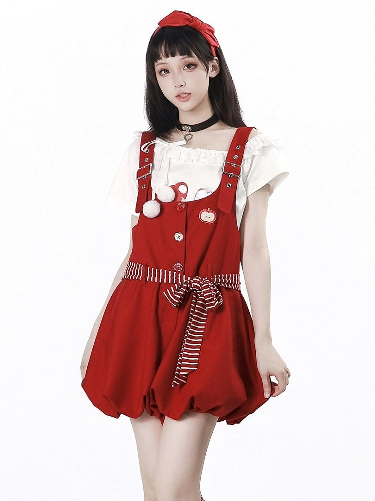 White Asymmetric T-Shirt with Apple Print and Lace - PINK SAVIOR