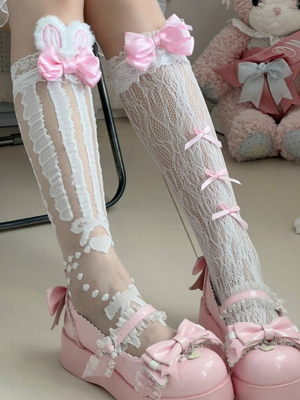 Lolita-Strümpfe und Schleifenohren unter dem Knie, Details Kaninchen mit Y2K Pink Weiß/Schwarz