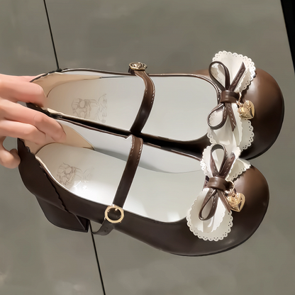 Circle Low-heel Mary PU Janes Accents Sweet Fatener Brown Bow - 3.5cm