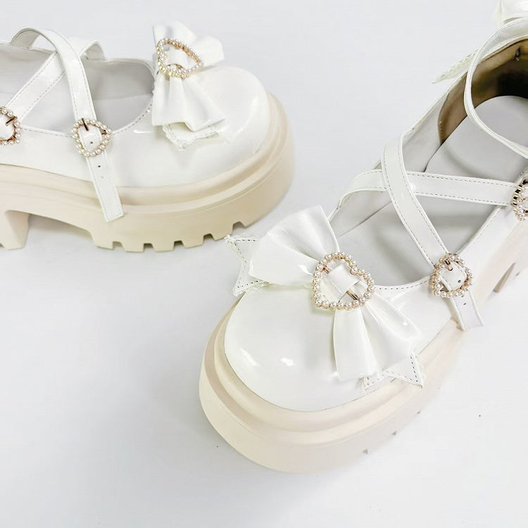 White Platform High Heels with Heart Buckle and Bow - Rainie Dream