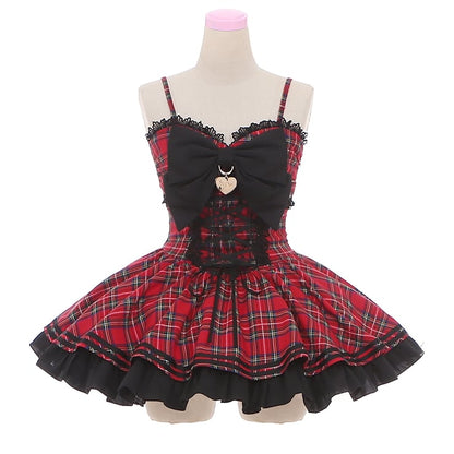 Rotes Karomuster Schleifenakzent Herzförmiger Ausschnitt Pulloverrock Idol Kleid