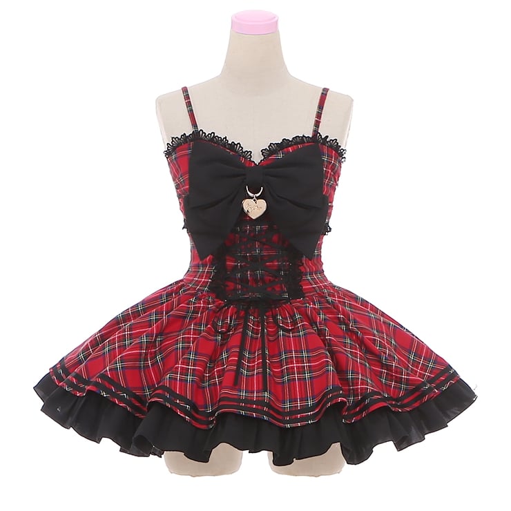 Red Plaid Print Bow Accent Sweetheart Neckline Jumper Skirt Idol Dress