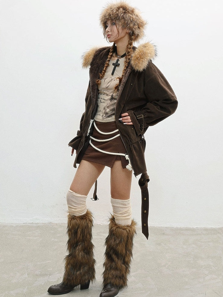 Hood Belt Coffee with Waist Plush Jacket - Hooded Edge Punk