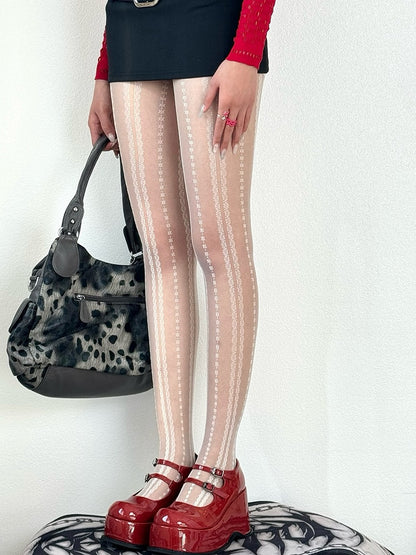 Floral Black/White Striped Y2K Tights