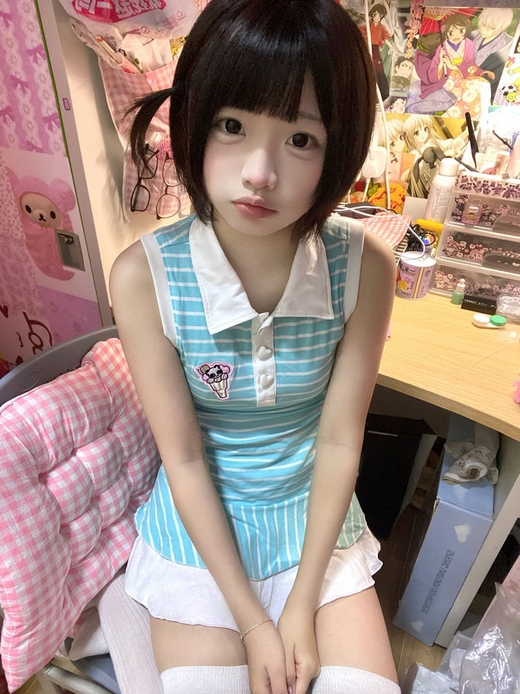 Blue Polo Collar Striped Sleeveless Dress Ruffle Hem - kukuwa
