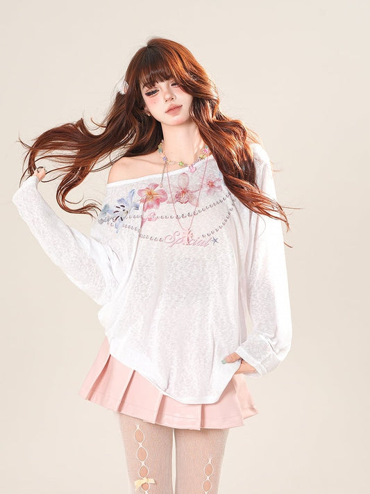 Coverup White Asymmetrical Neckline Floral Print Semi-sheer