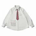 Apricot Double-Collar Long Sleeve Blouse with Striped Tie - PINK SAVIOR