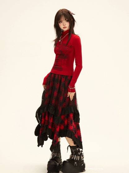 Y2K Red Plaid Pattern Asymmetrical Ruffled Hem Skirt