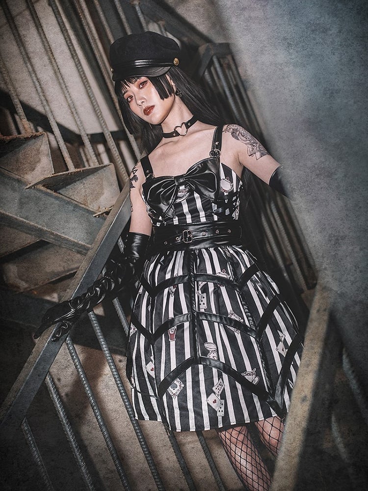 Black with Playing Striped Punk Card Lolita Dress and White Prints