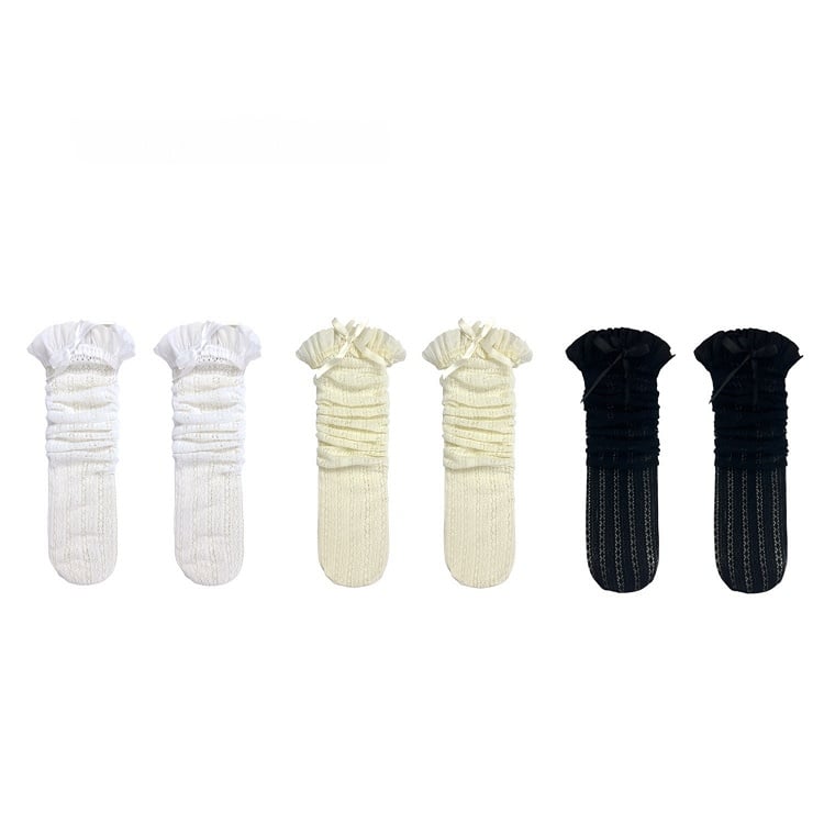 Socks White/White/Black Calf Ruffles Lace with Creamy Bows and