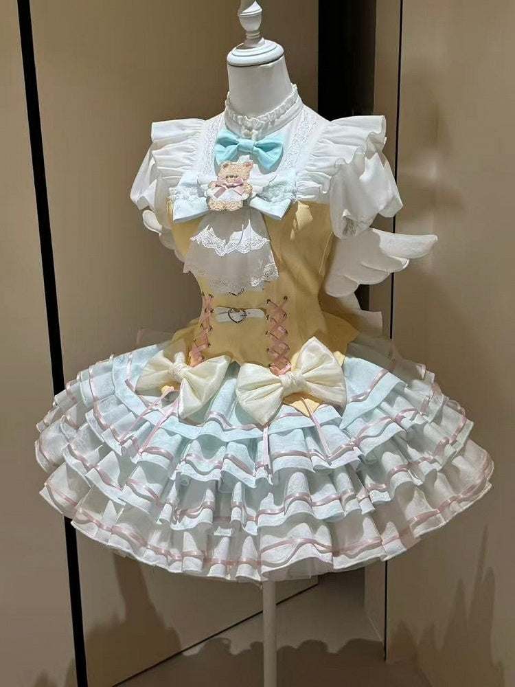 Bear Angel Lolita Full Set: Short-Sleeve Top, Ruffle Skirt, Wings & Bow - Sweet Dream Box