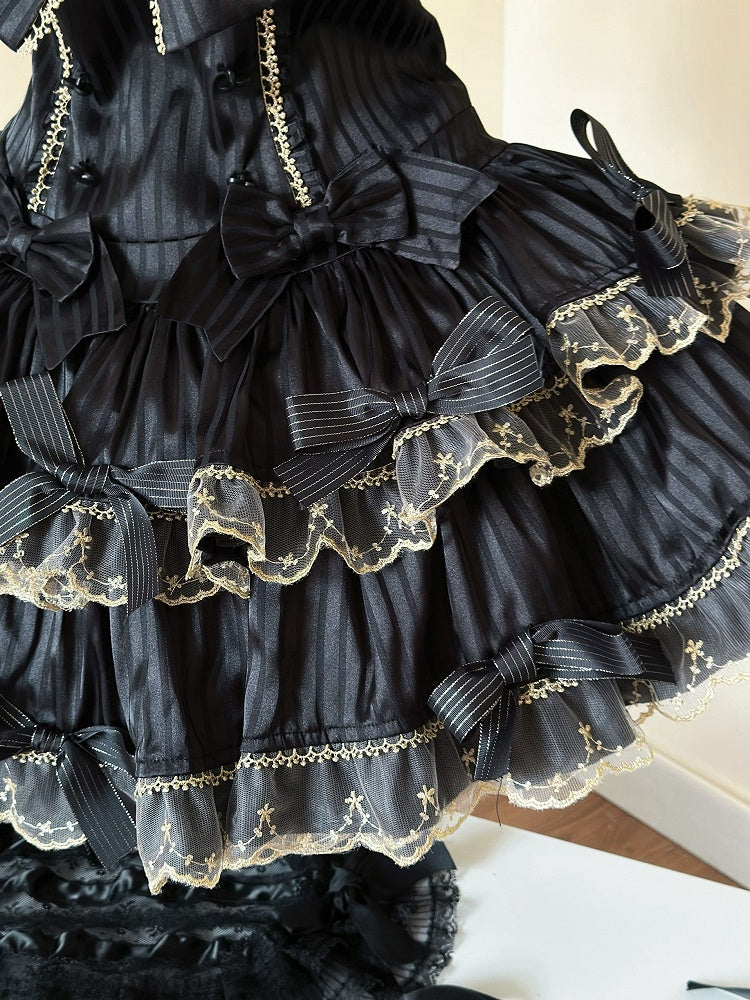 und Schleife Lolita Schwarze Akzente Gestreiftes Idol Stoff Goldkleid