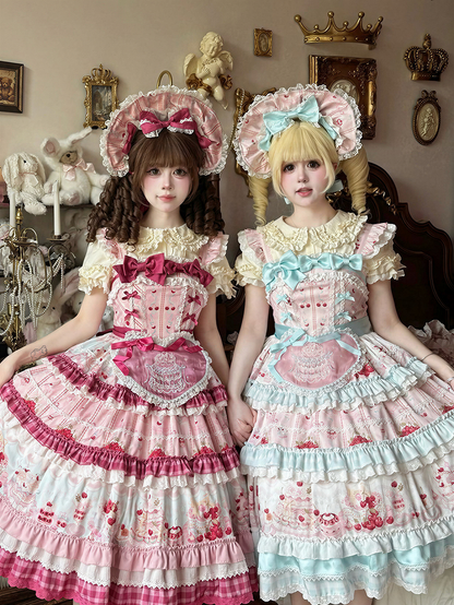 Pink Blue Cherry Print Sweet Lolita Bonnet with Lace - Strawberry Fantasy