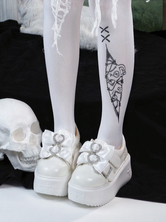 Details PU Kei White Rhinestone Shoes Version Platform Bow Heart Decor Slip-in Fit Jirai Design Regular/Thicken in