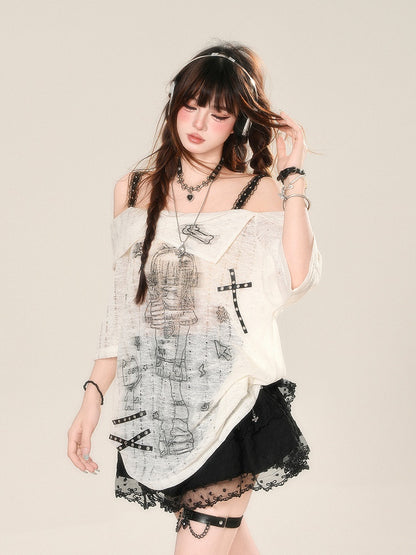 Ausschnitt Anime Girl Print Halbtransparentes Spitzen-T-Shirt Weiß Off-the-Shoulder