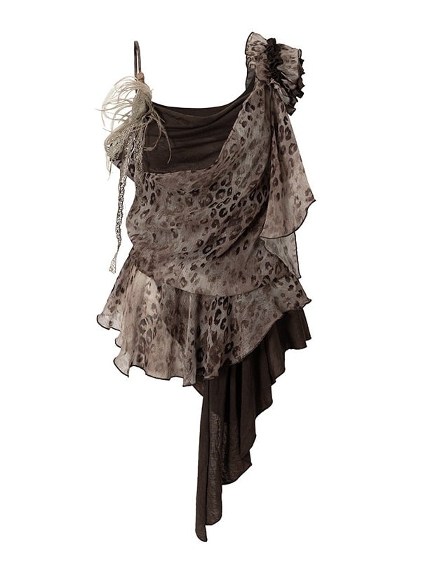 Brown Leopard Cowl-Neck Asymmetric Faux Two-Piece Dress - NO ROMANCE