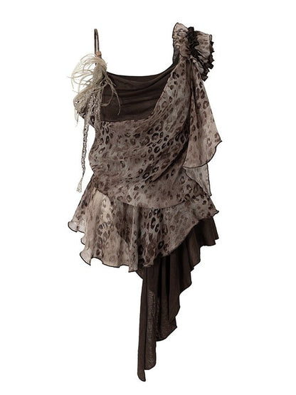 Brown Leopard Cowl-Neck Asymmetric Faux Two-Piece Dress - NO ROMANCE